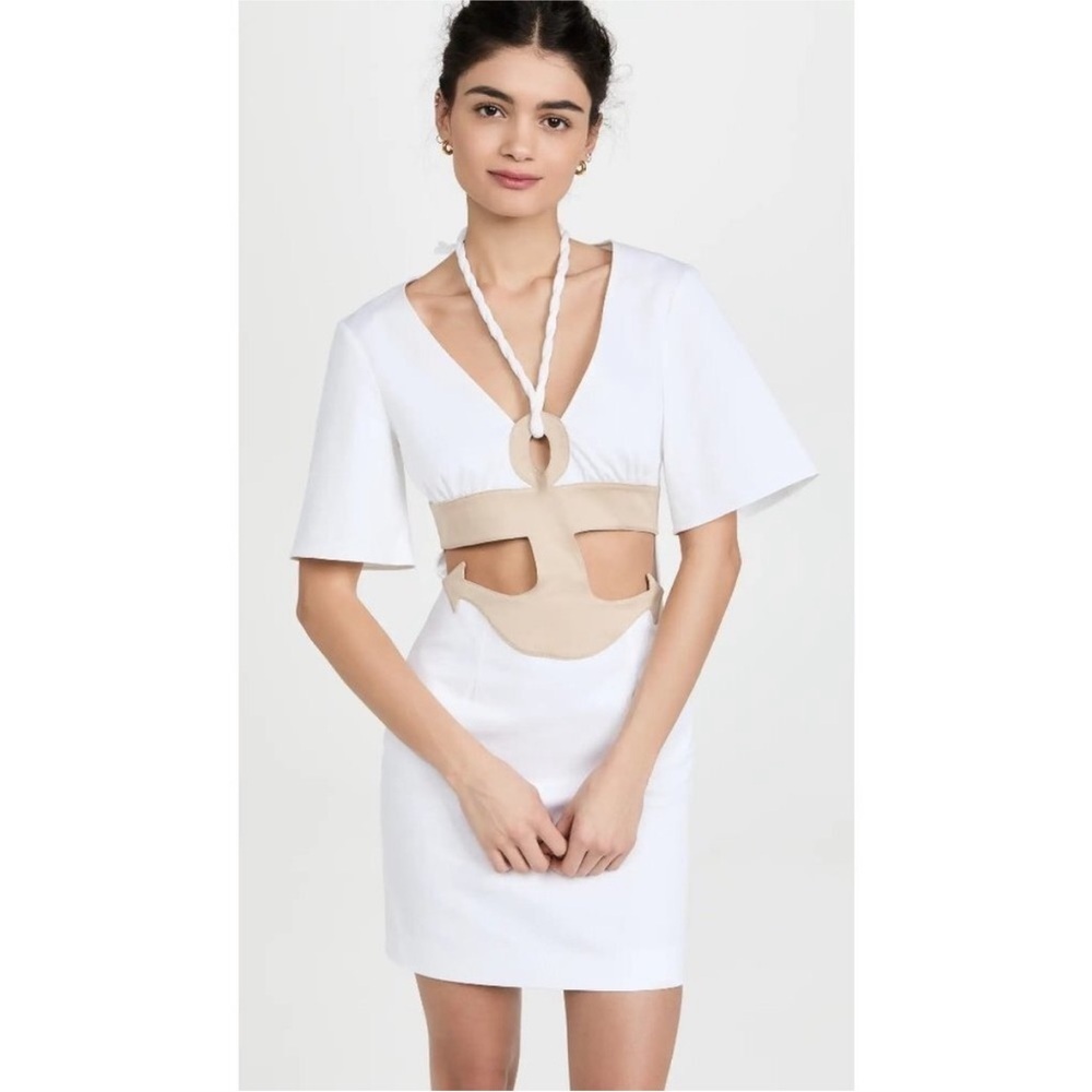 Rosie Assoulin Anchor Aweigh Cutout Short Sleeve Rope Halter Mini Dress White 0